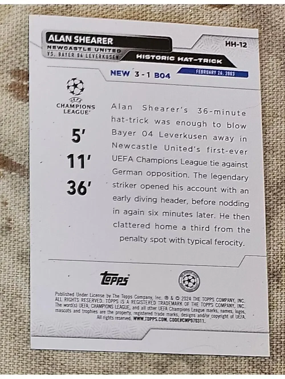 2023-24 Topps UEFA Club Competitions #HH-12 insert Hat Tricks Alan Shearer - Picture 2 of 2